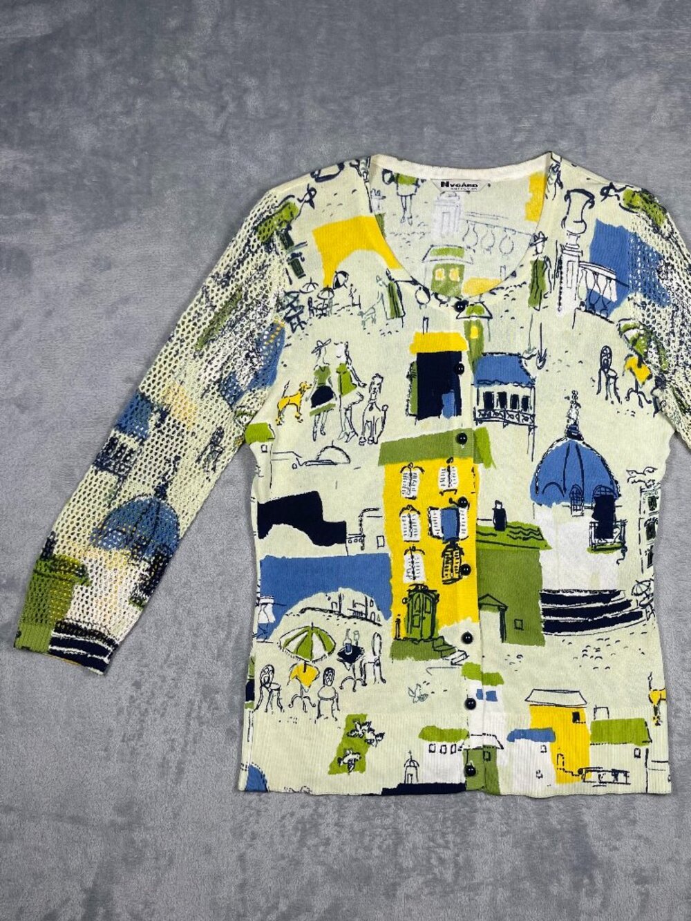 Nygard Collection WMNS Long Sleeve Abstract City Print Mesh Sleeve Artsy Size XS
